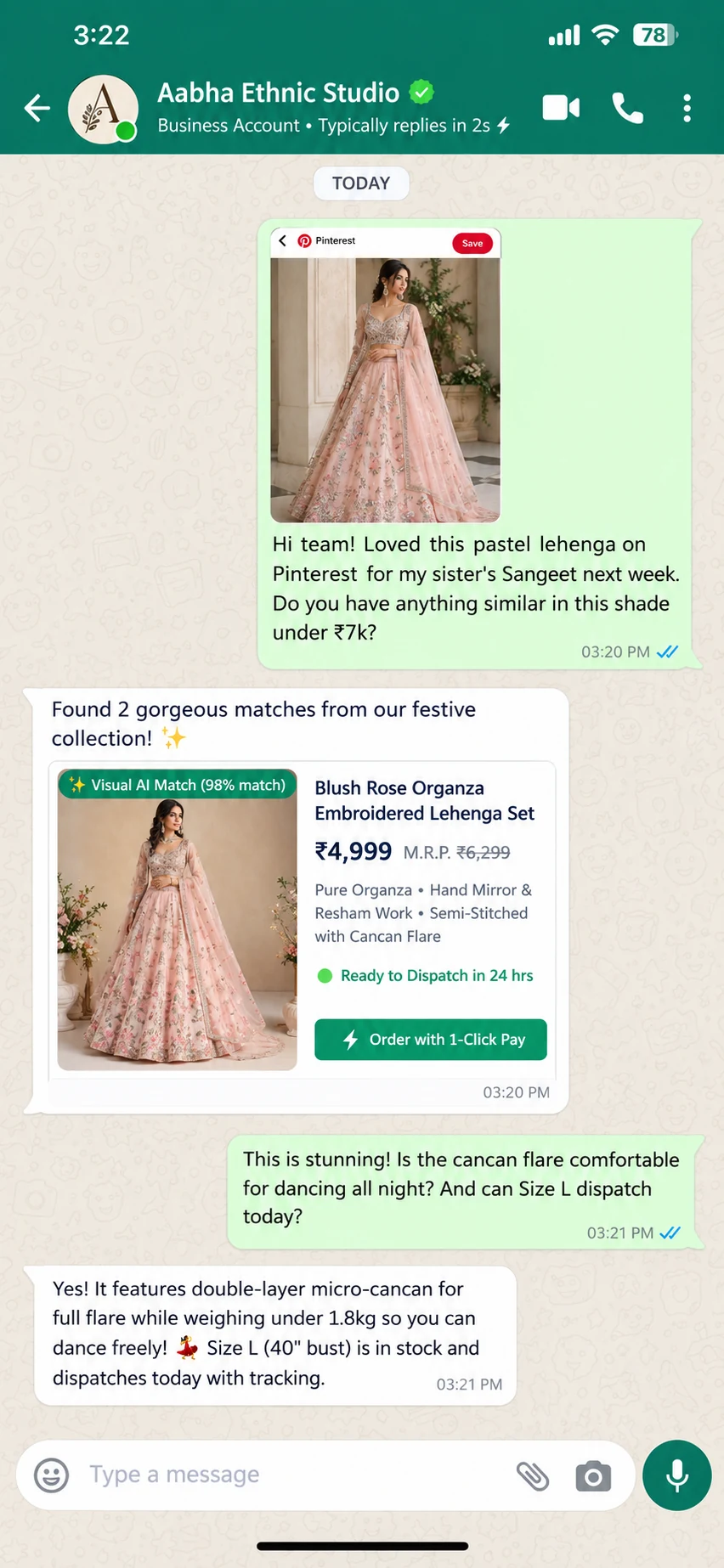 Illustrative VoluChat visual search match WhatsApp conversation preview